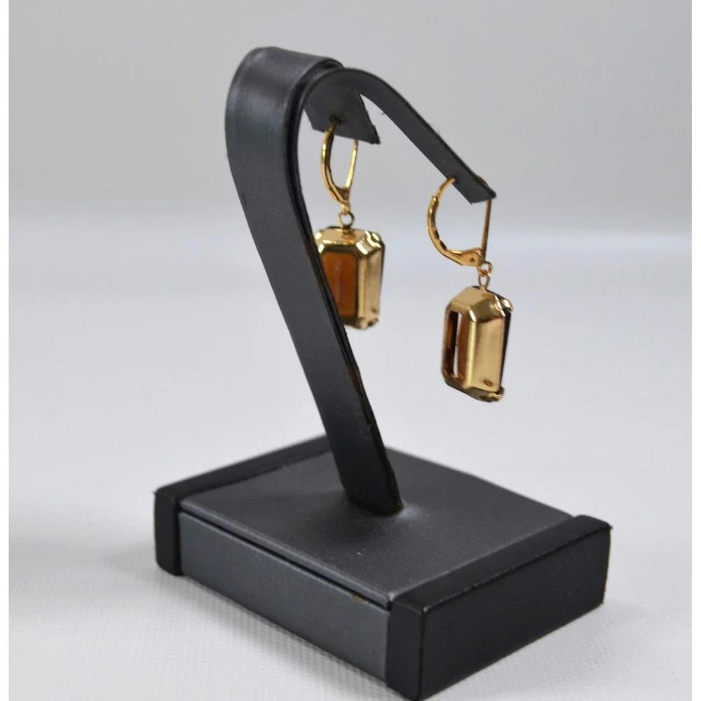 Gold Tone Dark Brown Amber Crystal Lever-back Earrings 1.5